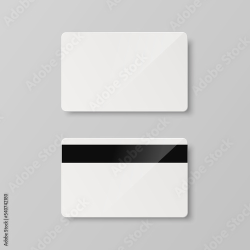 Vector White Gift Card, Certificate, Guest Room, Plastic Hotel Apartment Keycard, ID Card, Sale, Credit Card Design Template for Mockup, Branding. Top View - Front, Back Side, Magnetic Strip