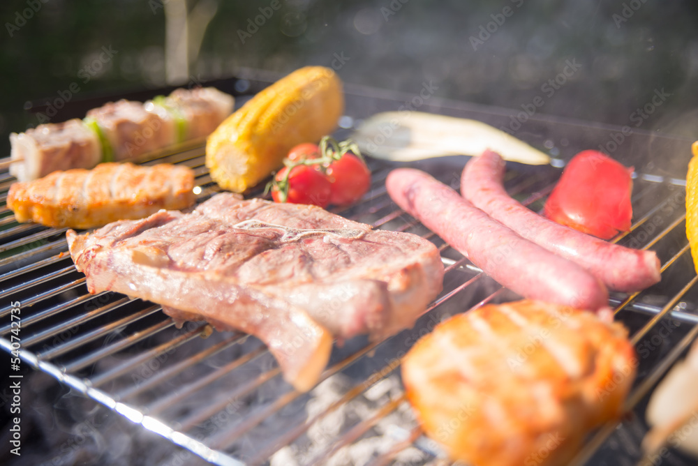 Close-up of tasty BBQ food cooking on sunny day. Juicy fresh meat, mushrooms, tomatoes and yellow corn grilling. BBQ, cooking, food concept