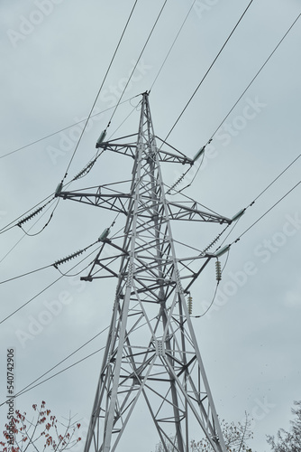 Power mast for high voltage electricity pylon with cables in nice landscape