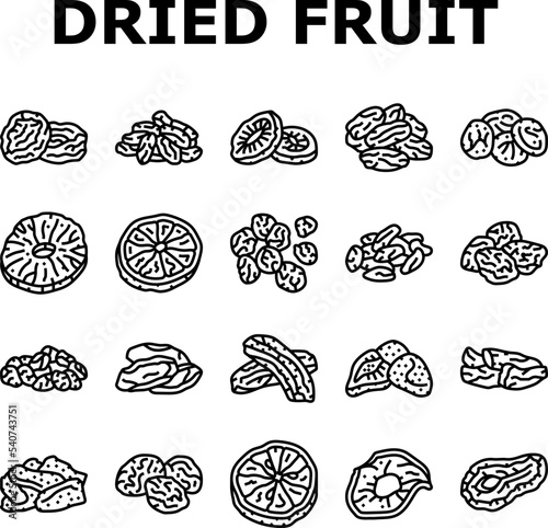 dried fruit healthy snack icons set vector. vegetarian dry, ingredient diet, mix organic nutrition natural dried nut, assortment dried fruit healthy snack black contour illustrations © vectorwin