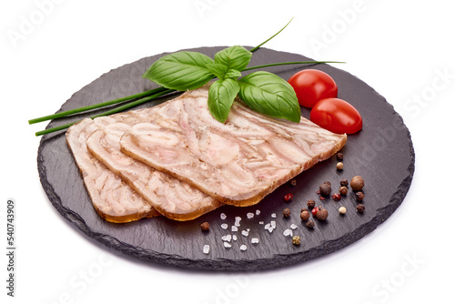 Slices of traditional Belgian brawn, head cheese, isolated on white background.