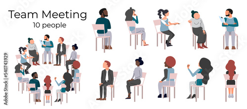 Group Therapy Illustration. Team discussion in a circle. Set of flat vector illustrations of people sitting on chairs