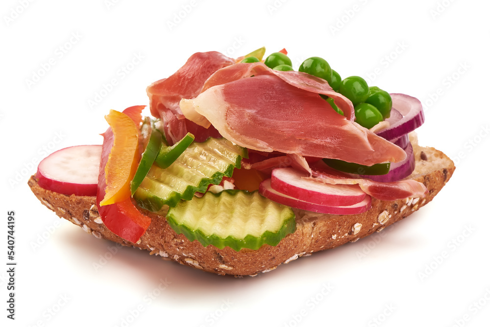 Sandwiches with jamon vegetables and lettuce on white background