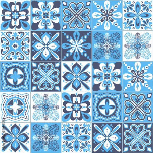 Azulejo talavera blue white ceramic tile portuguese vintage pattern, vector illustration