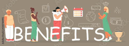 Benefits for worker, buyer. Big letters with employees, money, winner cup. Worker advantages vector with doodle icons overtime, retirement benefits.