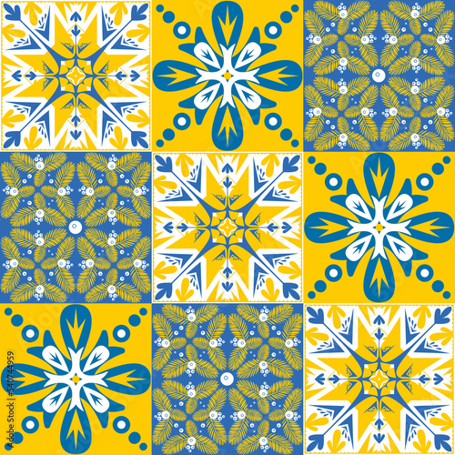 TalaVera de Puebla blue yellow ceramic tile, spanish portuguese traditional pattern for wall and ceramic tile design, vector illustration