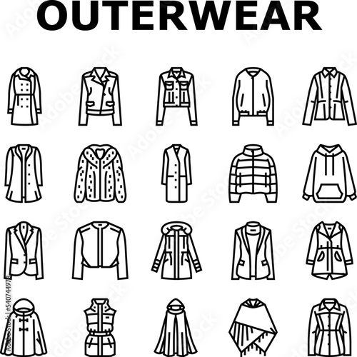 outerwear female clothes girl icons set vector. woman fashion, coat clothing, jacket stylish, people person young casual, style outerwear female clothes girl black contour illustrations