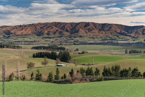 Magnificent view of mountain range  from Geraldine Fairlie Lookout point on Highway 79, Canterbury, New Zealand South Island. photo
