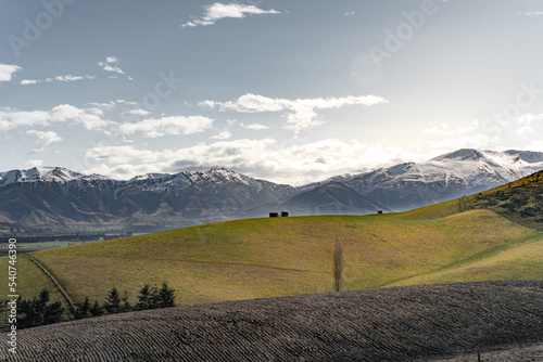 Magnificent view of mountain range  from Geraldine Fairlie Lookout point on Highway 79, Canterbury, New Zealand South Island. photo