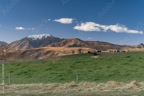 Magnificent view of mountain range  from Geraldine Fairlie Lookout point on Highway 79, Canterbury, New Zealand South Island. photo
