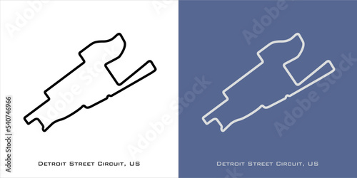 Detroit Street Circuit for formula one F1, motorsport, GP, autosport and season grand prix race tracks. Vector on white and blue background. Detroit, United States