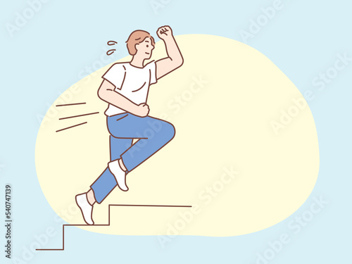 階段を登るイラスト(向上心、急ぐ、走る、飛躍、努力) Illustration of climbing stairs: ambition, haste, running, leaping, effort.