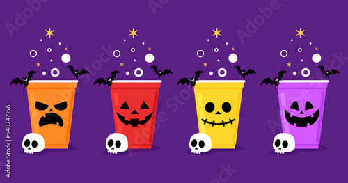 Halloween face on plastic cup. Party cup isolated. background, vector illustration. Halloween beer cup vector. Beer pong. Halloween face on plastic cup.