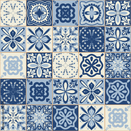 Azulejo blue spanish portuguese style vintage symmetrical pattern for wall decoration, vector illustration for design