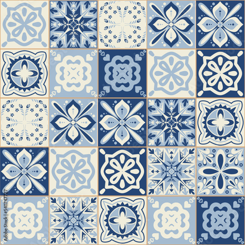 Azulejo blue spanish portuguese style ceramic tiles, vintage symmetrical pattern for wall decoration