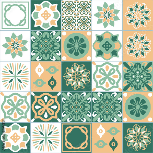 Vintage spanish style square ceramic tile design, green white beige neutral color, stylish interior and design element