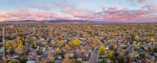 October dawn over Fort Collins and foothills of Rocky Mountains in northern Colorado, aerial panorama photo