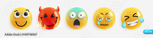 Emotion Realistic 3d Render. Set Icon Smile Emoji. Vector yellow glossy emoticons.