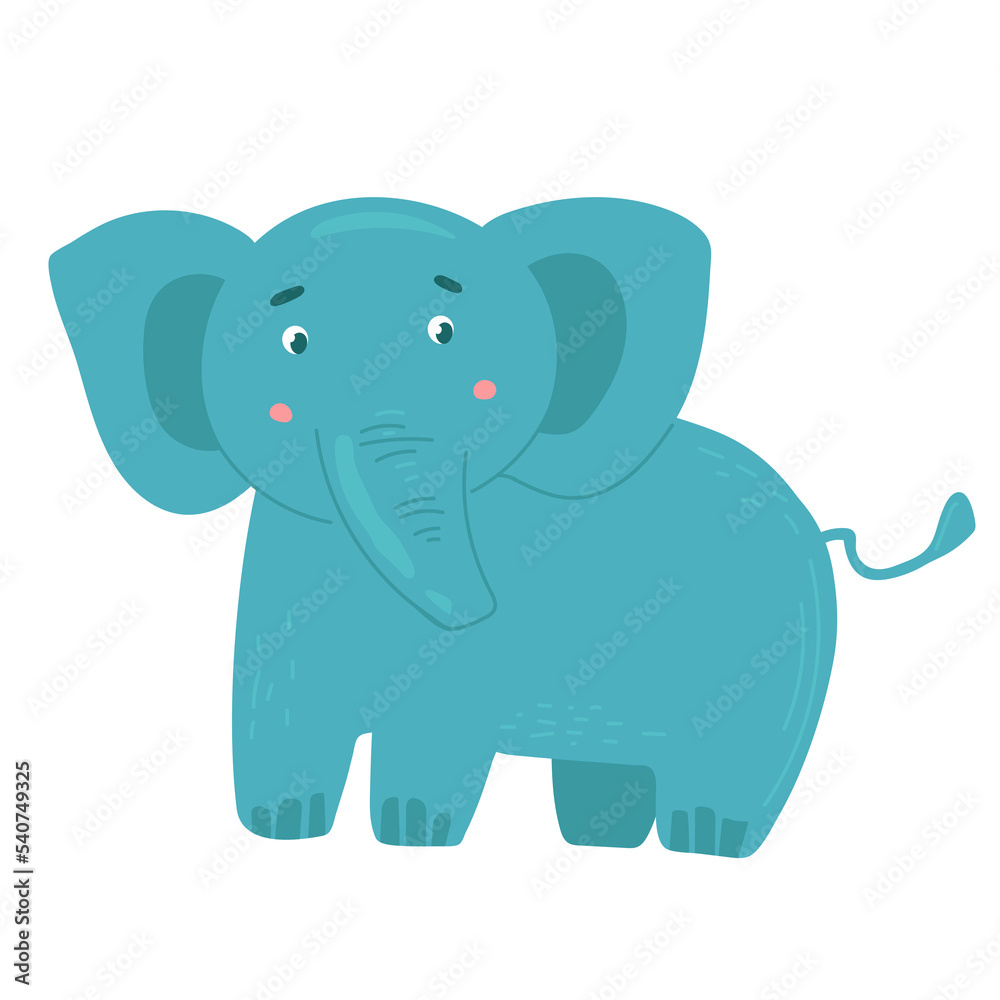 Cute greeting card with smiling elephant and colorful hearts and rainbow. Kids room poster, baby nursery, greeting card, clothing.