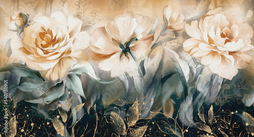 Oil painting with flower rose, gold leaves. Botanic print background on canvas -  triptych In Interior, art.