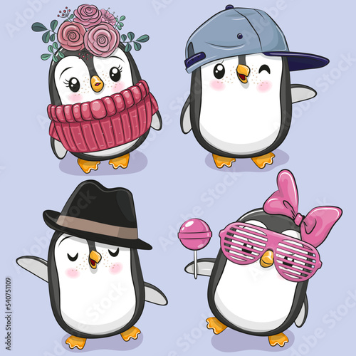 Cute cartoon Penguins on a blue background