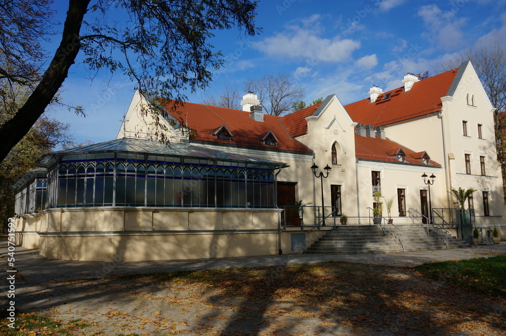 Rheinbaben Palace (Palac Rheinbabenow), attached orangery on the left. Siemianowice Slaskie, Poland.