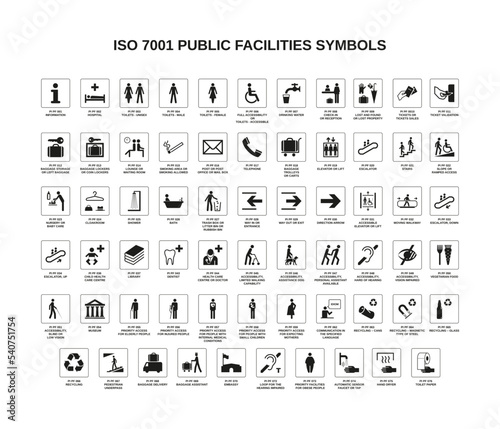 set of iso 7001 public facilities symbols on white background