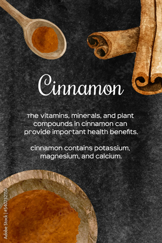 Watercolor fresh and dry cinnamon in wooden bowl and spoon. Kitchen spices and herbs set.
