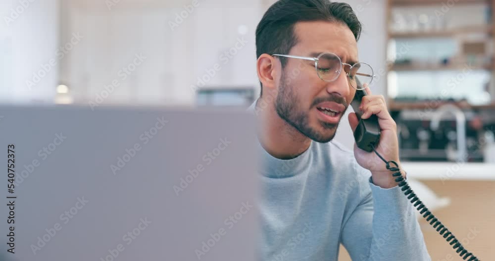 Stress, burnout and phone call with tired man talking on telephone about problem, error or computer 404 internet page. Freelace, remote worker and depressed male having frustrated conversation