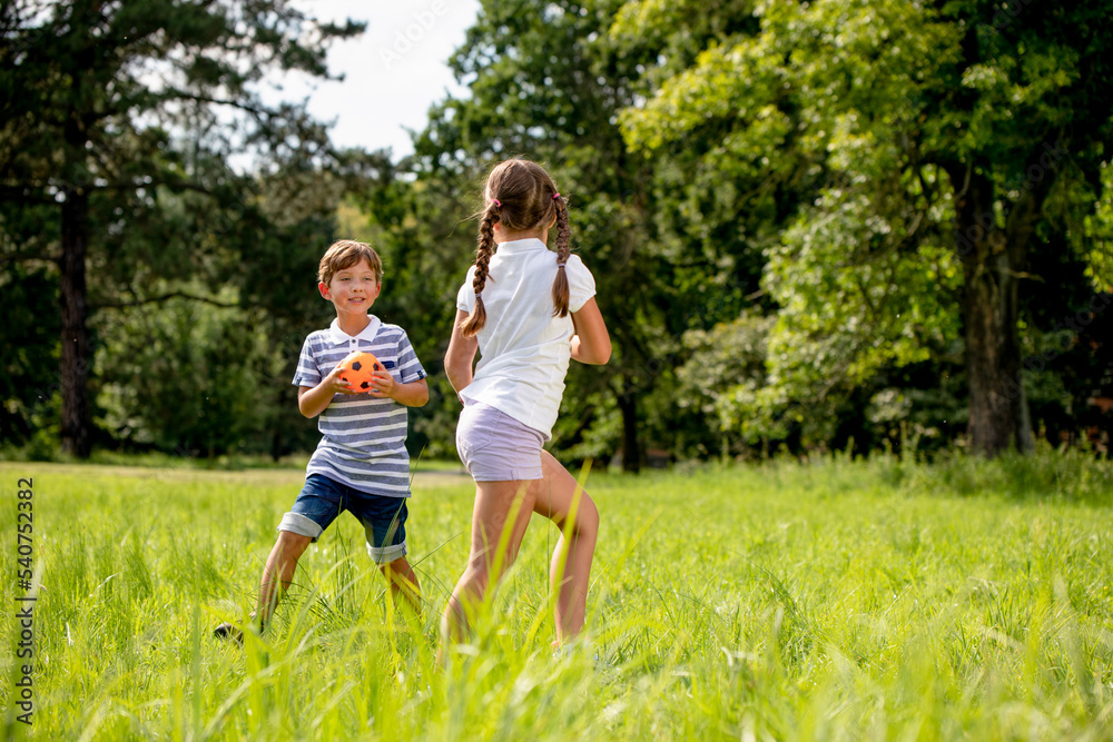 Happy siblings throwing ball and playing on green grass in park Happy siblings throwing ball and playing on green grass in park