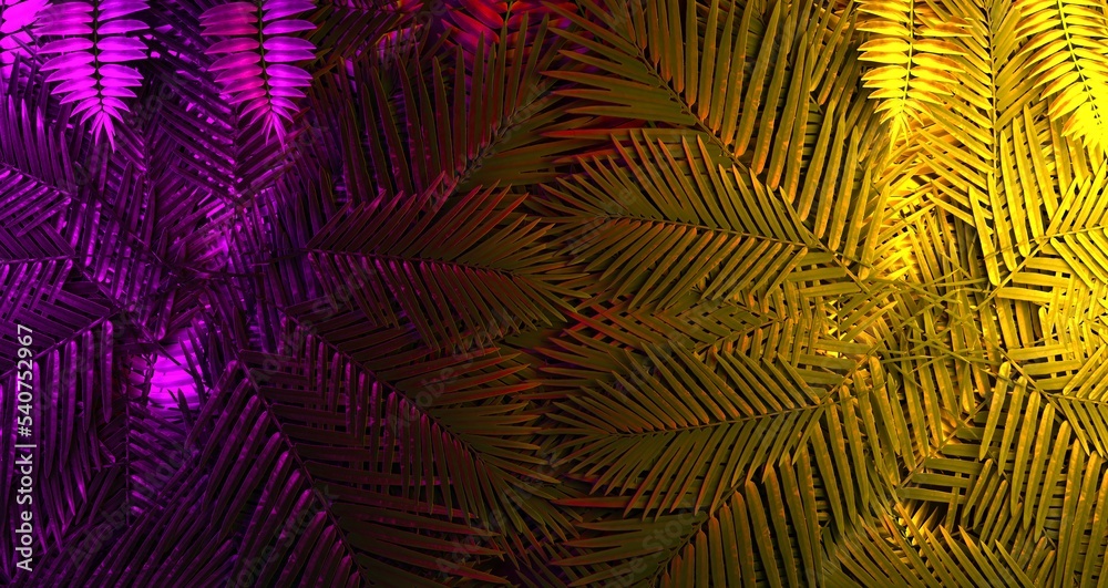 Creative fluorescent color scheme made of tropical leaves. Flat lay neon colors. Nature concept. 3d rendering.