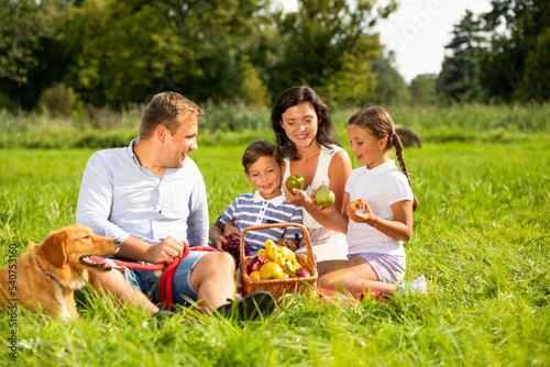 Happy authentic family having picnic and spending time together outdoor © leszekglasner