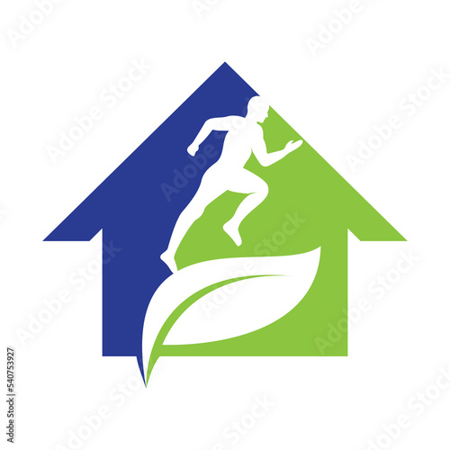 Green leaf runner logo concept design. Physiotherapy treatment concept vector design.