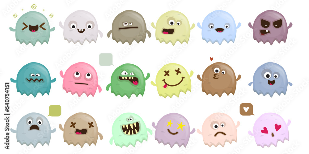 Set of cute funny colorful ghosts isolated on white background. Ghost sticker collection with different colors and emotions. Vector Halloween design element and stickers set isolated Set of cute funny colorful ghosts isolated on white background. Ghost sticker collection with different colors and emotions. Vector Halloween design element and stickers set isolated