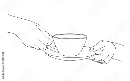 Female hands gracefully hold cup of tea or coffee and saucer. Sketch, linear drawing. Morning cup of coffee. Elegant tea pair, mug and saucer for hot drinks. Warm up with hot tea in cold weather