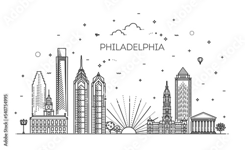 Fototapeta Naklejka Na Ścianę i Meble -  Philadelphia architecture line skyline illustration. Linear vector cityscape with famous landmarks