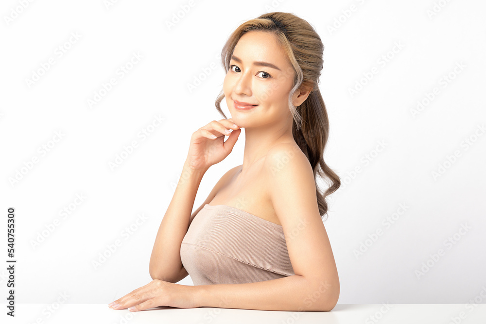 Happy beautiful young asian woman clean fresh bare skin concept. Asian girl beauty face skincare and health wellness, Facial treatment, Perfect skin, Natural make up. Isolated on white background. Happy beautiful young asian woman clean fresh bare skin concept. Asian girl beauty face skincare and health wellness, Facial treatment, Perfect skin, Natural make up. Isolated on white background.