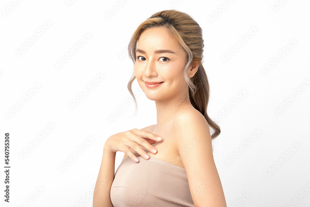Happy beautiful young asian woman clean fresh bare skin concept. Asian girl beauty face skincare and health wellness, Facial treatment, Perfect skin, Natural make up. Isolated on white background. Happy beautiful young asian woman clean fresh bare skin concept. Asian girl beauty face skincare and health wellness, Facial treatment, Perfect skin, Natural make up. Isolated on white background.