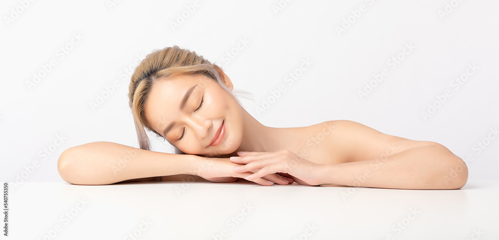 Happy beautiful young asian woman clean fresh bare skin concept. Asian girl beauty face skincare and health wellness, Facial treatment, Perfect skin, Natural make up. Isolated on white background. Happy beautiful young asian woman clean fresh bare skin concept. Asian girl beauty face skincare and health wellness, Facial treatment, Perfect skin, Natural make up. Isolated on white background.