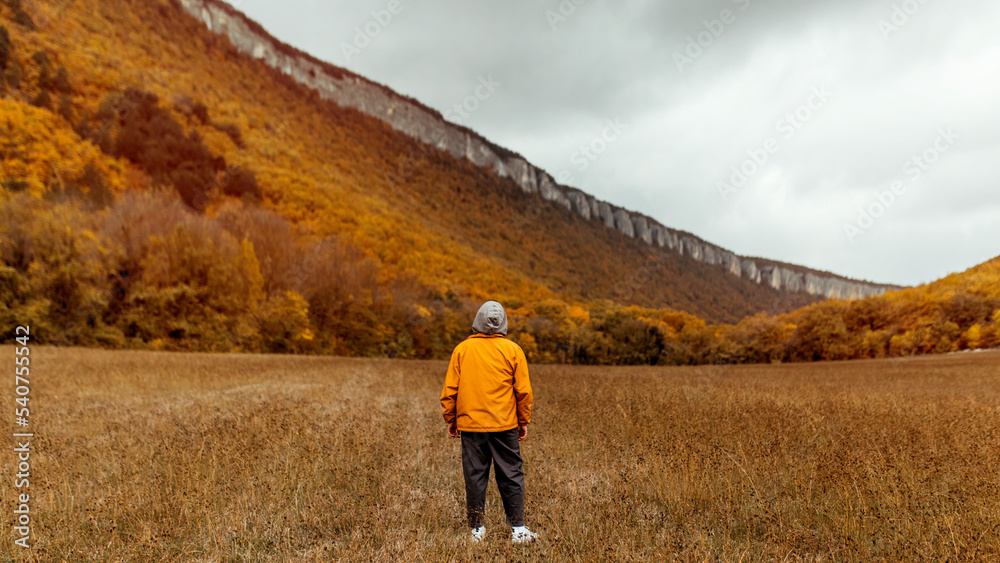 
A young millennial male in a hood and a yellow jacket stands with his back and looks at the mountains, autumn forest, autumn landscape