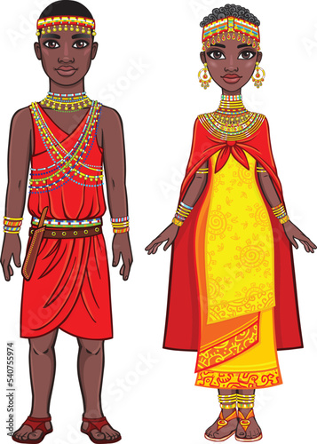 Animation portrait of the African family in ethnic clothes. Full growth. The vector illustration isolated on a white background.