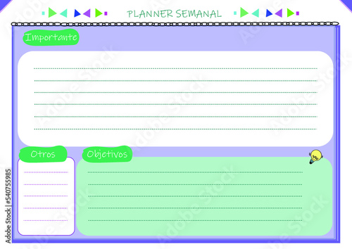 Organizador semanal, planificador semanal, Notas, Agenda