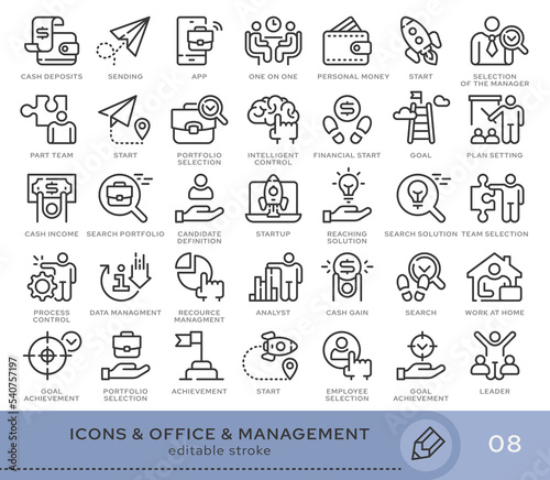 Set of conceptual icons. Vector icons in flat linear style for web sites, applications and other graphic resources. Set from the series - Office and Management. Editable stroke icon.