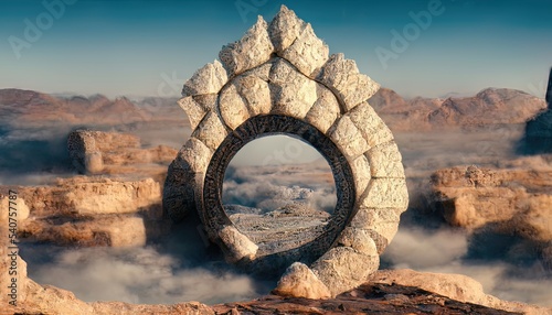 An ancient ruined city, stone ruins, arches, pillars, a magical portal to another world. Fantasy desert landscape with stone runes, mythology. 3D illustration
