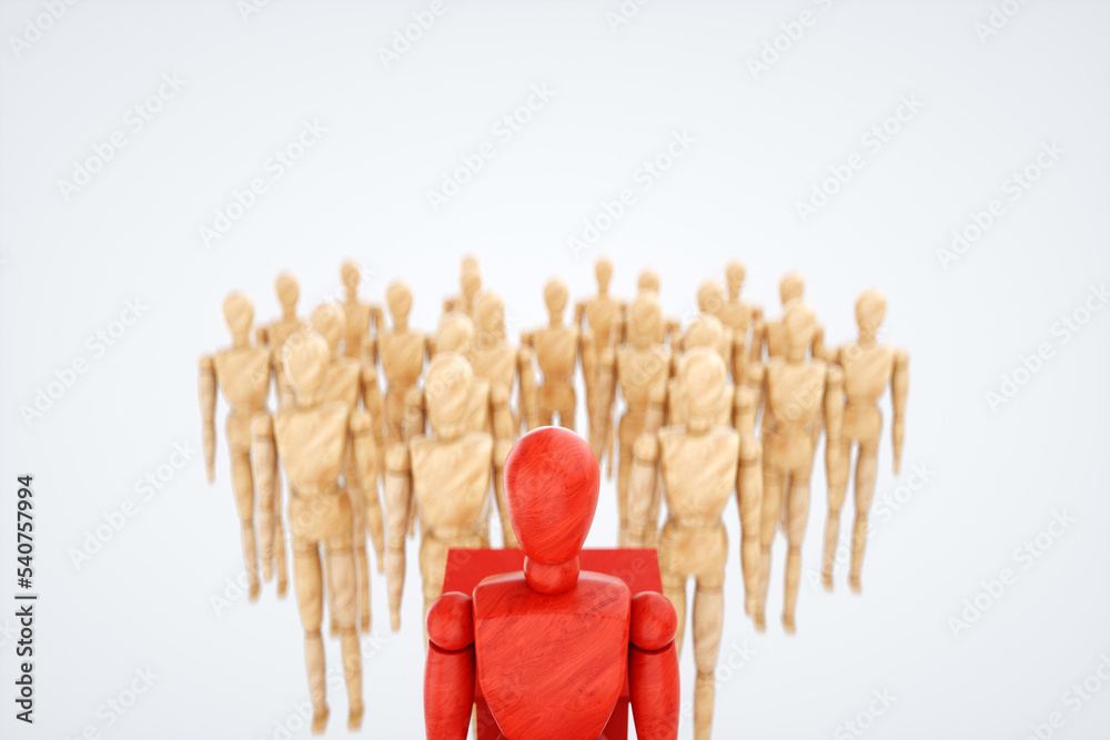 Wooden puppet, stands at the head of society. Leadership concept