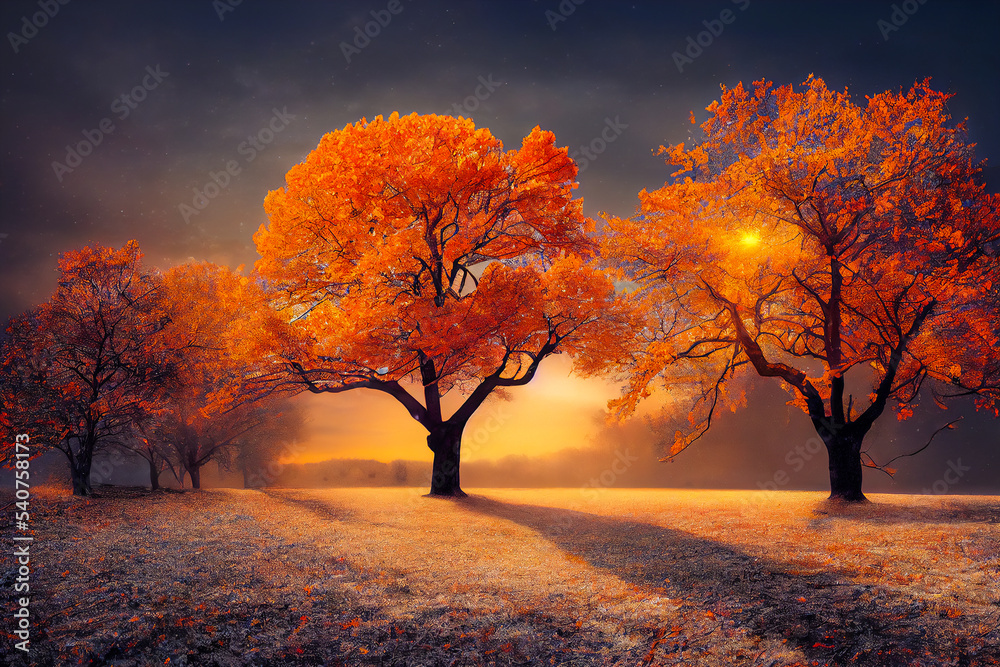 Tree with autumn colors under the snow. Idea of snow falling in Autumn with a warm sun. Splendid orange landscape. Illustration 3d.