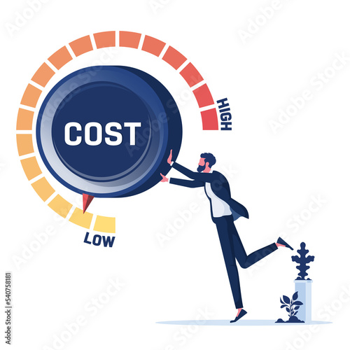Businessman hand turn cost dial to low position. Cost reduction management concept.
