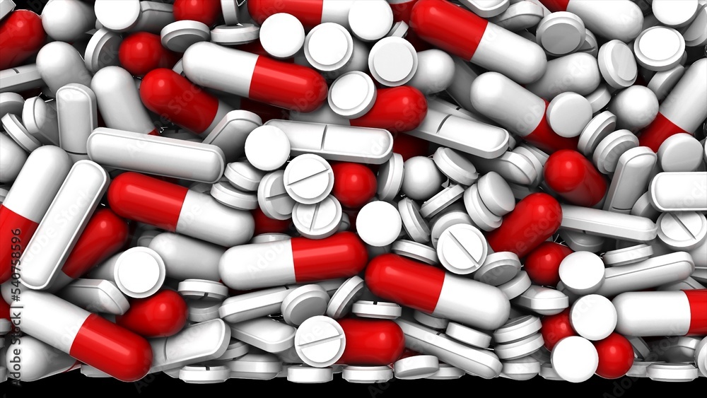 Pile of pharmaceutical capsules and pills. Realistic 3D rendering of red white medical capsules or tablets with glossy surface. Computer graphics of medication. Medical drugs, vitamins or antibiotics. Pile of pharmaceutical capsules and pills. Realistic 3D rendering of red white medical capsules or tablets with glossy surface. Computer graphics of medication. Medical drugs, vitamins or antibiotics.