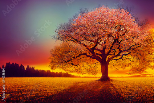 Landscape with a message about climate change, mixing summer, autumn and spring, with a flowering tree. Illustration 3d.