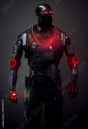 Digital illustration of a cyborg in a futuristic suit. Sci fi look.